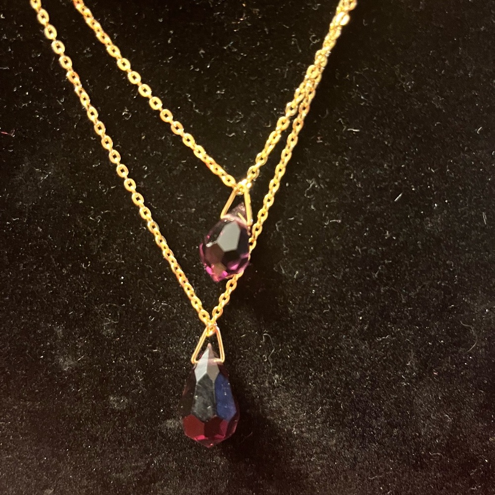 Two Strand Purple Glass Pendant Crystals Necklace February